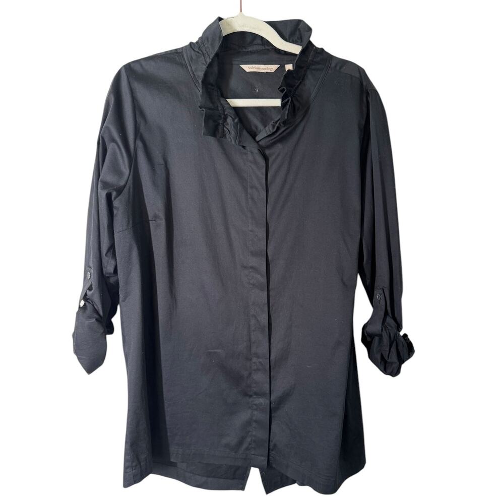 Soft Surroundings‎ Black Cotton Poplin Button Down Shirt Roll Tab Sleeves XL